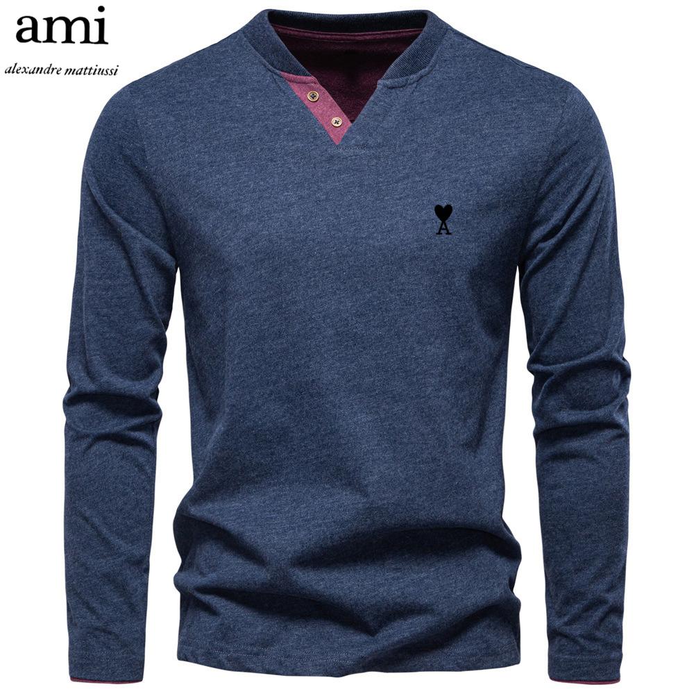 AMI 2025 Herbst Neue Stickerei Herrenmode Farbe Baumwolle Einfarbig Langarm T-Shirt V-Ausschnitt Lässiges Herren Oberteil T-Shirt M