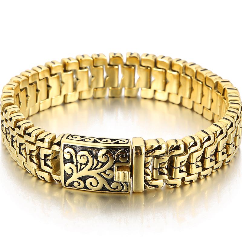 Luxus Gold Farbe Massivem Edelstahl herren Armbänder Mann Armband Neue Ankunft Griffe Auf Hand Strap Schmuck Zubehör 19CM gold