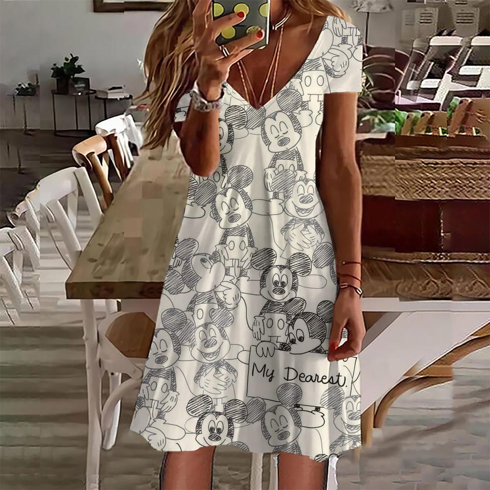 Neue 2024 Sommerkleider Damen Disney Mickey Mouse Print Kleid Damen Kleidung Casual Retro Kurzarm Lose Plus Size Kleid S