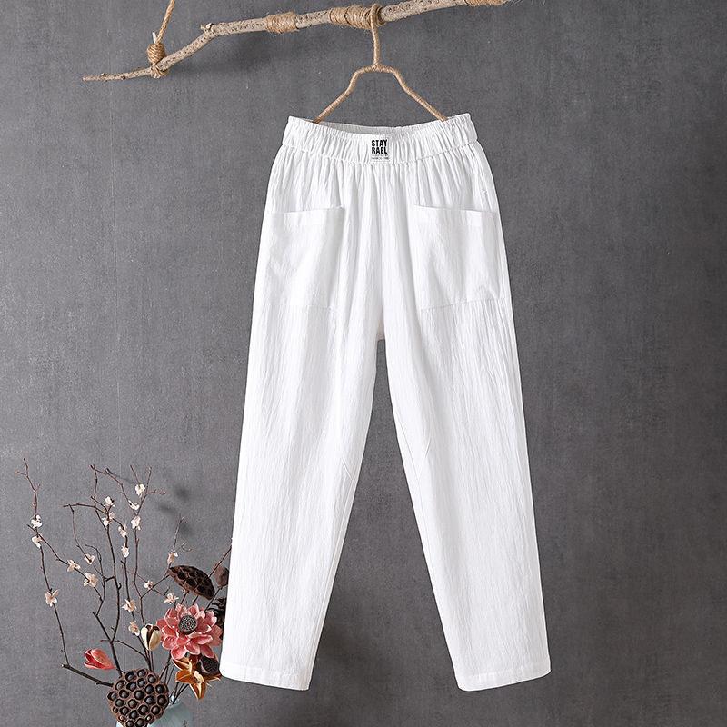 Sommerhose für Damen, lässig, aus massivem Baumwollleinen, knöchellang, elastische Taille, Hose für Damen, lockere Hose, bequem, weich XXXL weiß