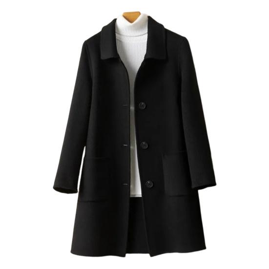 Damenjacke mit Doppeltaschen Revers Einfarbig Einreihiger Wollmantel Locker Thermo Langarm Pendeln Dating Frühling Herbst Wintermantel M schwarz