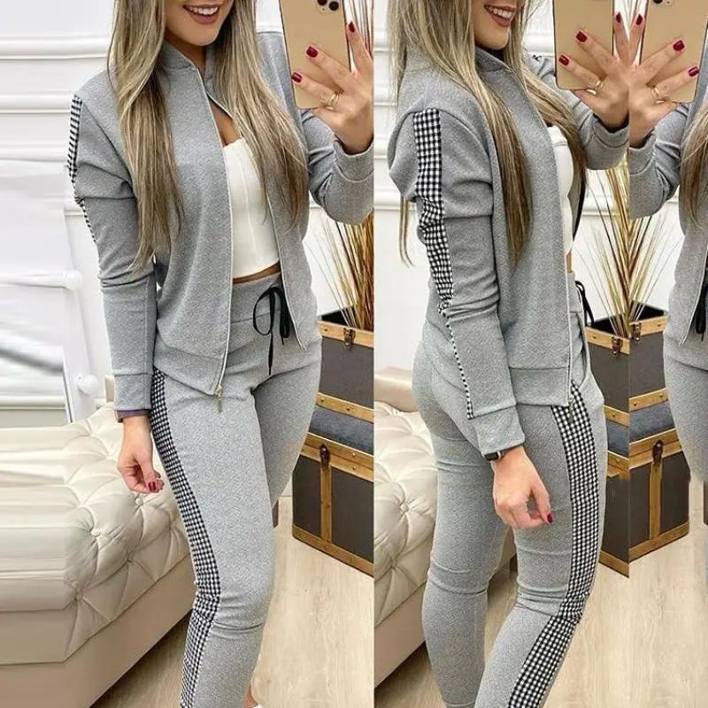 Damen Zweiteiler Outfits Herbst Damen Trainingsanzug Reißverschluss Oberteil Hose Casual Sportanzug Winter 2-teiliges Damen Set L graue