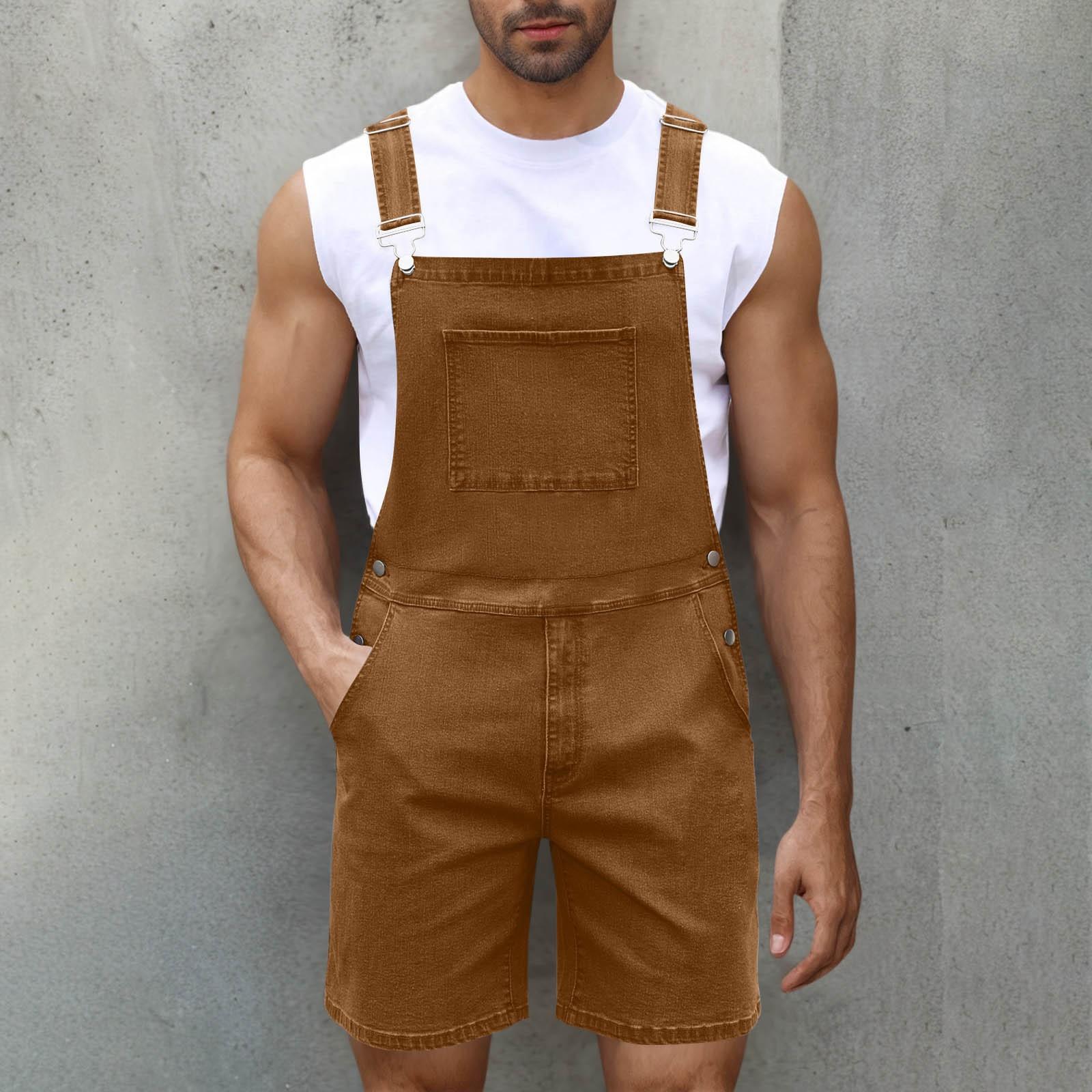 Herrenmode Einfarbig V-Ausschnitt Knopf Tasche Washed Water Denim Verstellbarer Kurzträger Jumpsuit XXL braun