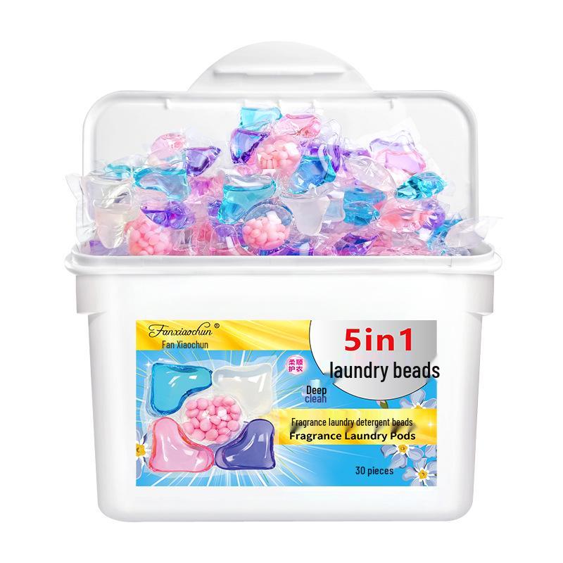 Packung mit 50, 5-in-1 Waschperlen: Langanhaltender Duft, Weichmachend, Reinigend, Fleckenentfernung, Fünf-Kammer-Pods.