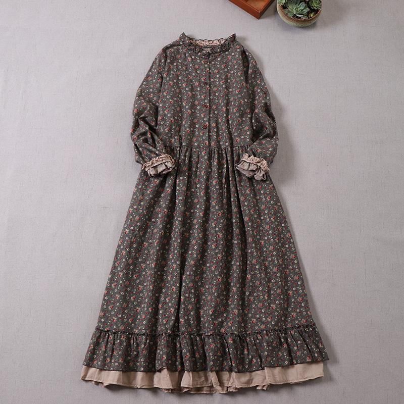 Mori Mädchen Herbst Frühling Frauen Lose Lange Kleid Rüschen Kragen Floral Cottagecore Kleid Vintage Baumwolle Rüschen Elegante Chic Kleid One Size hellbraun