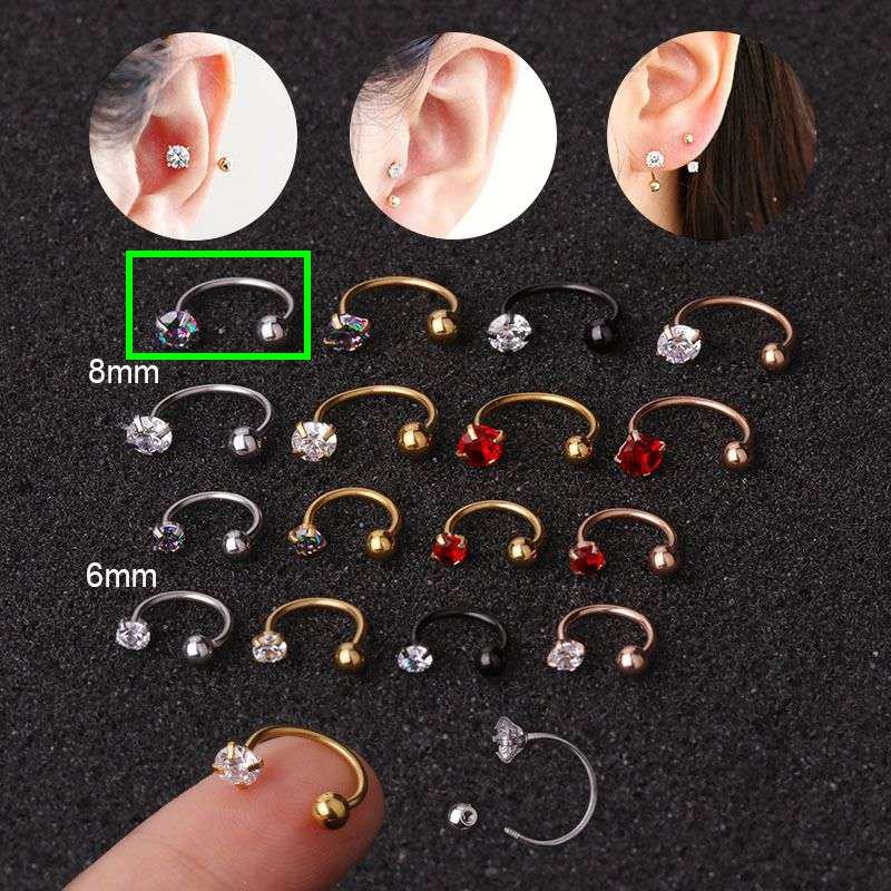 1 Stück Edelstahl Zirkon Cz Hoop Tragus Knorpel Helix Ohrstecker Conch Rook Daith Lobe Ohrschraube Piercing Schmuck 8mm bunt/silber