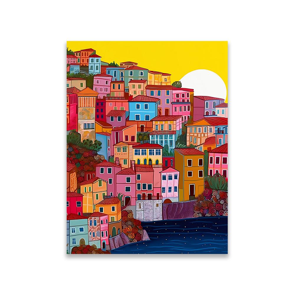 Manarola Illustration Poster Cinque Terre Italienische Riviera Küstenlinie Drucke Italien Kunst Architektur Wandkunst Leinwandbild Kunst 21X30CMNo Framed yellow