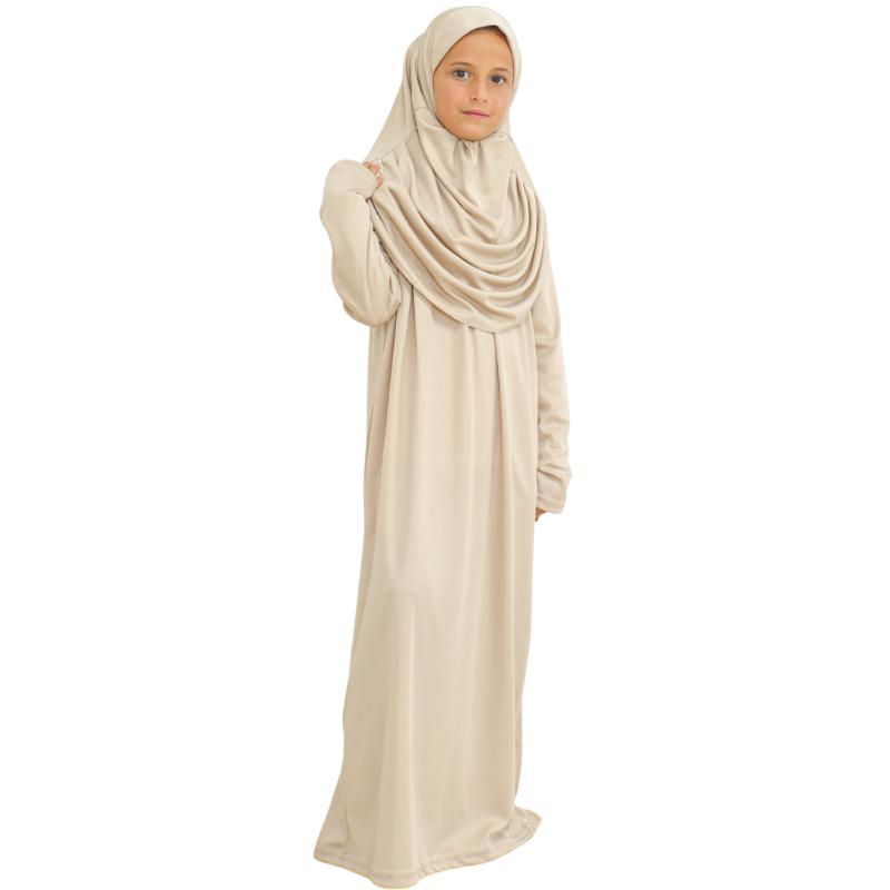 Gebetskleid für Kinder, muslimische Kleidung für Mädchen, langärmelig, Abaya mit Hijab, zweiteiliges Maxi-Islamisches Set, Schal, Kaftan, Jilbab mandel