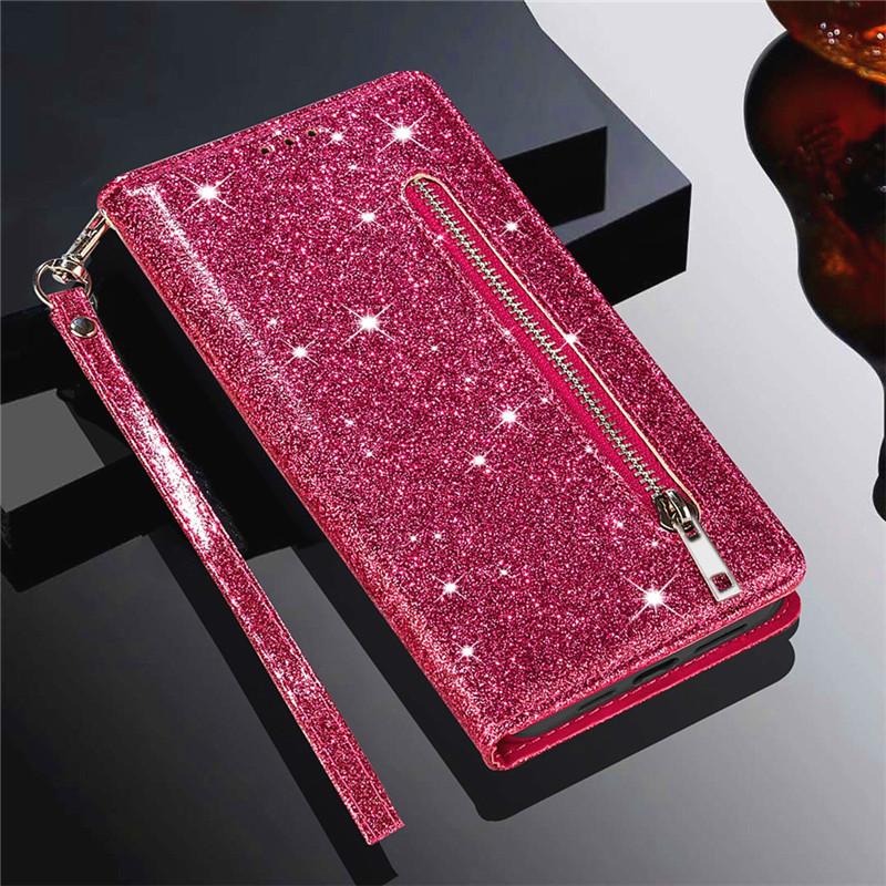 Glitzer Leder Hülle für Samsung Galaxy S26 S25 S24 Ultra S23 FE S22 S21 S20 S10 Plus Reißverschluss Flip Wallet Handyhülle Galaxy S24 rose rot