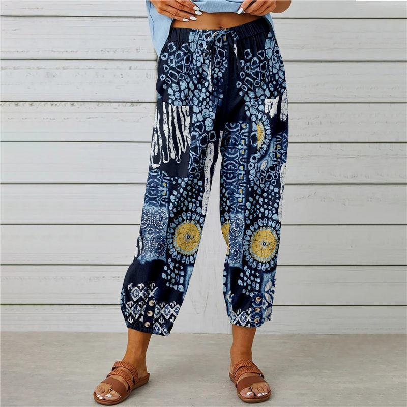 Sommer frauen Hosen Baumwolle Leinen Hohe Taille Kordelzug Neun-viertel Hosen Elastische Taille Bundle Fuß Mund Retro Druck hosen S dunkelblaue