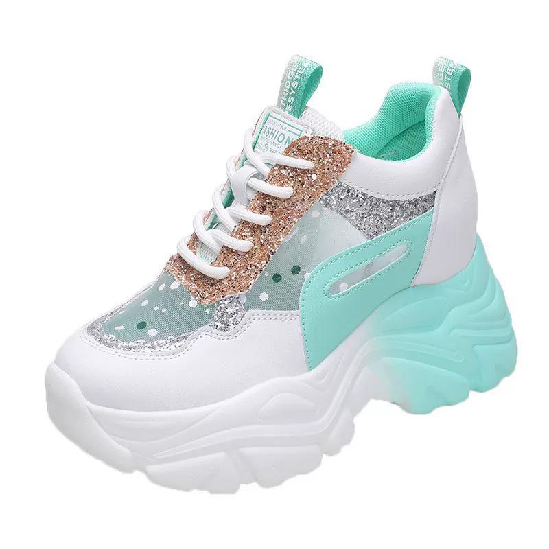 Schuhe für Damen Plateau-Schuhe Herbst Damen Lässig Atmungsaktives Mesh Pailletten Sneakers Keile Sport Schnürschuhe Rutschfeste Schuhe EU37/CN38 himmelblaue