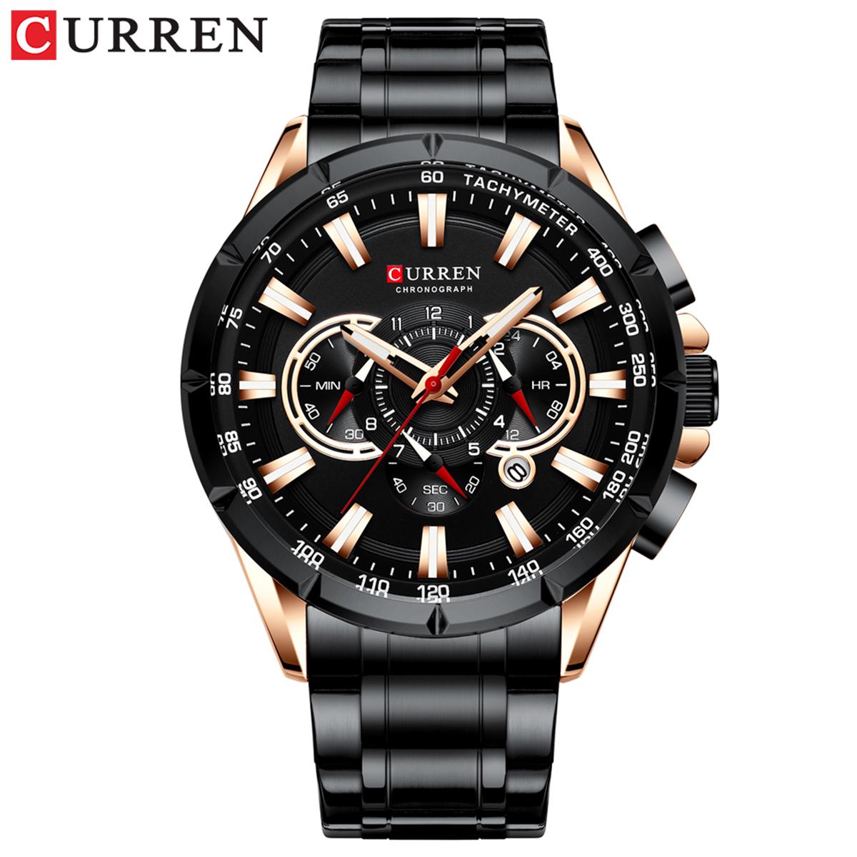 CURREN 8363 Uhr Quarz Herren Armbanduhr Uhren mit Edelstahlarmband Drei Hilfszifferblätter Kalenderanzeige Wasserdicht schwarz