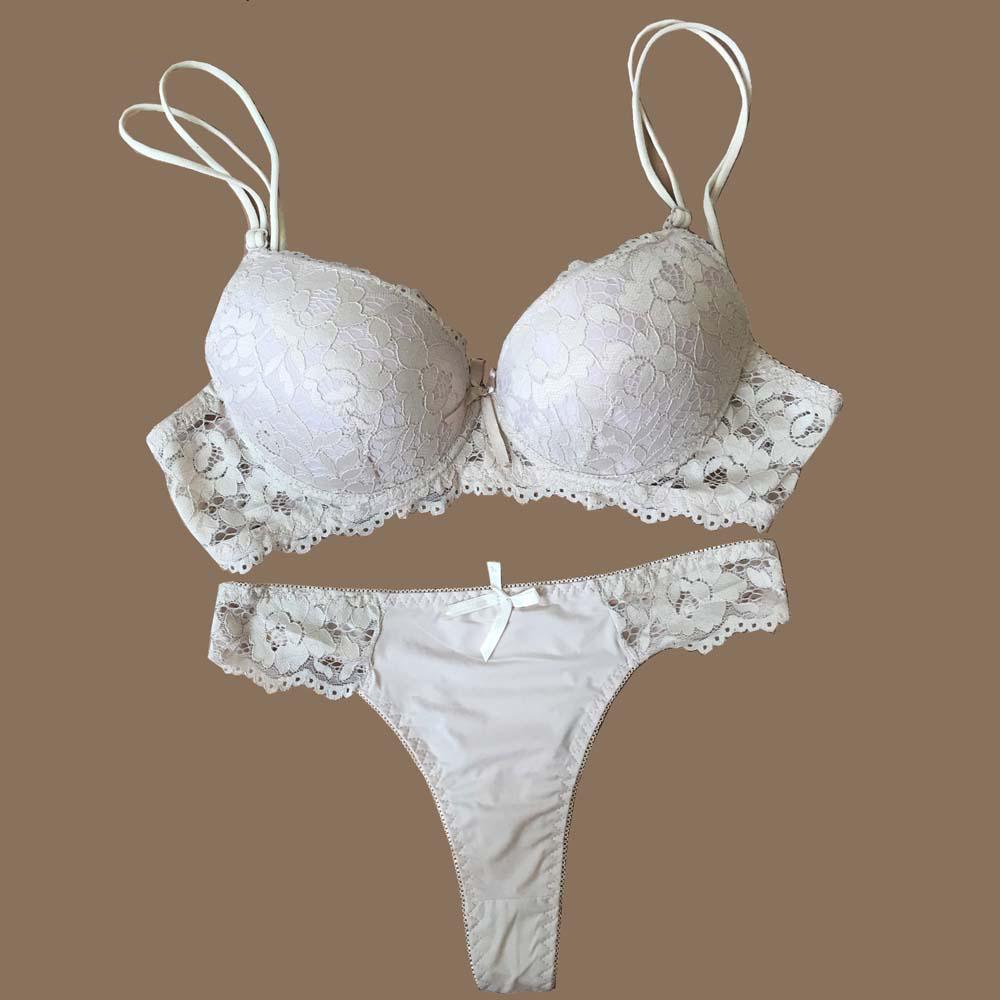 Spitzen-BH, Tanga-Set, Push-up-Unterwäsche-Set, Damen-Höschen, hohle Spitze, Dessous-BHs und Höschen-Set 36B beige
