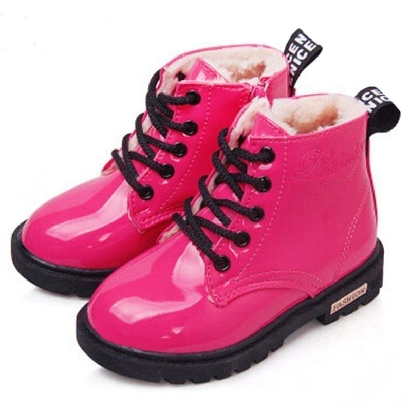2024 neue Mode Stiefel Winter Kinder Schuhe PU Leder Wasserdicht Martin Stiefel Kinder Schnee Stiefel 25 rose rot