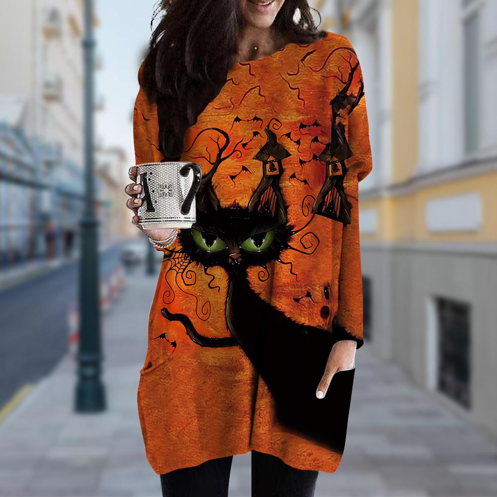 Damen Kleid mit Rundhalsausschnitt und Katzen-Print, Übergröße, Frühling/Herbst, Kleider mit Taschen XS orange
