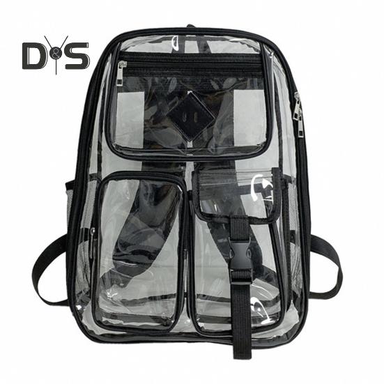 Transparenter Rucksack mit verstärkten Nähten, Reißverschluss, großes Fassungsvermögen, verstellbar, robust, große, transparente PVC-Schultasche schwarz