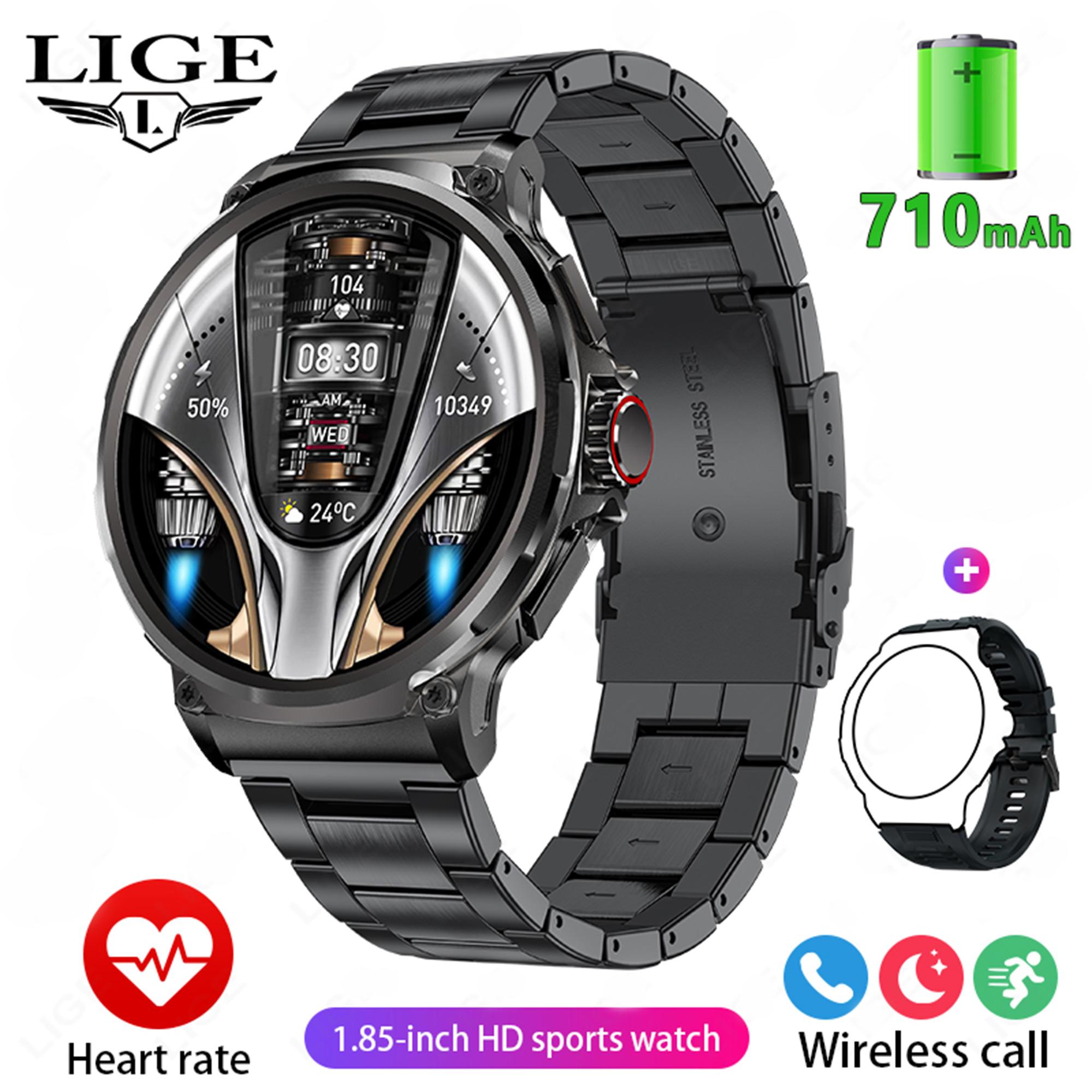 LIGE Neue 710 mAh Große Kapazität Batterie Smart Watch Männer Outdoor Sport Gesundheit Tracking Wasserdichte Smart Armband Bluetooth Anruf Smart uhr 2024 Geschenk Steel strap schwarz