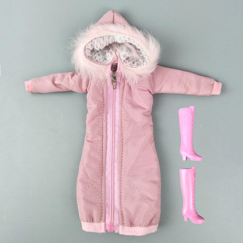 Rosa Winter Warmer langer großer Mantel + Stiefel Jacke Outfits Kleidung für Barbie Puppe Kleidung für 1/6 BJD Puppe Zubehör DIY Spielzeug für Kind Mädchen hellrosa