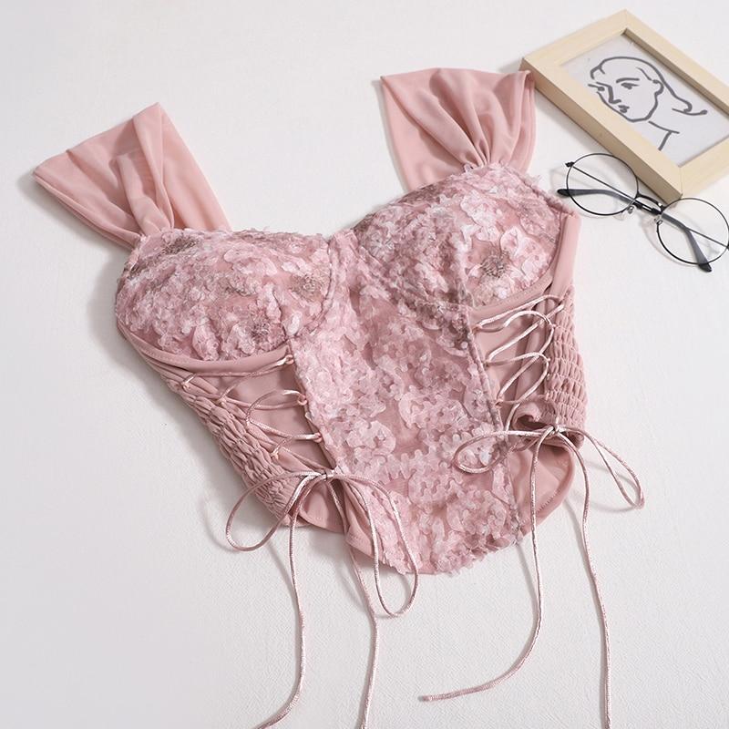 ITOOLIN Sexy Frauen Spitze Tank Tops Mit Bh Pad Y2K Crop Tops Sommer Unregelmäßige Tops Nette Backless Für Frauen Leibchen streetwear Fit For 40-60kg rosa