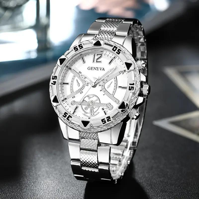 Luxus Herren Business Uhren Mode Großes Zifferblatt Quarz Armbanduhr für Herren Uhr Geschenk für Familie, Freund silber weiße