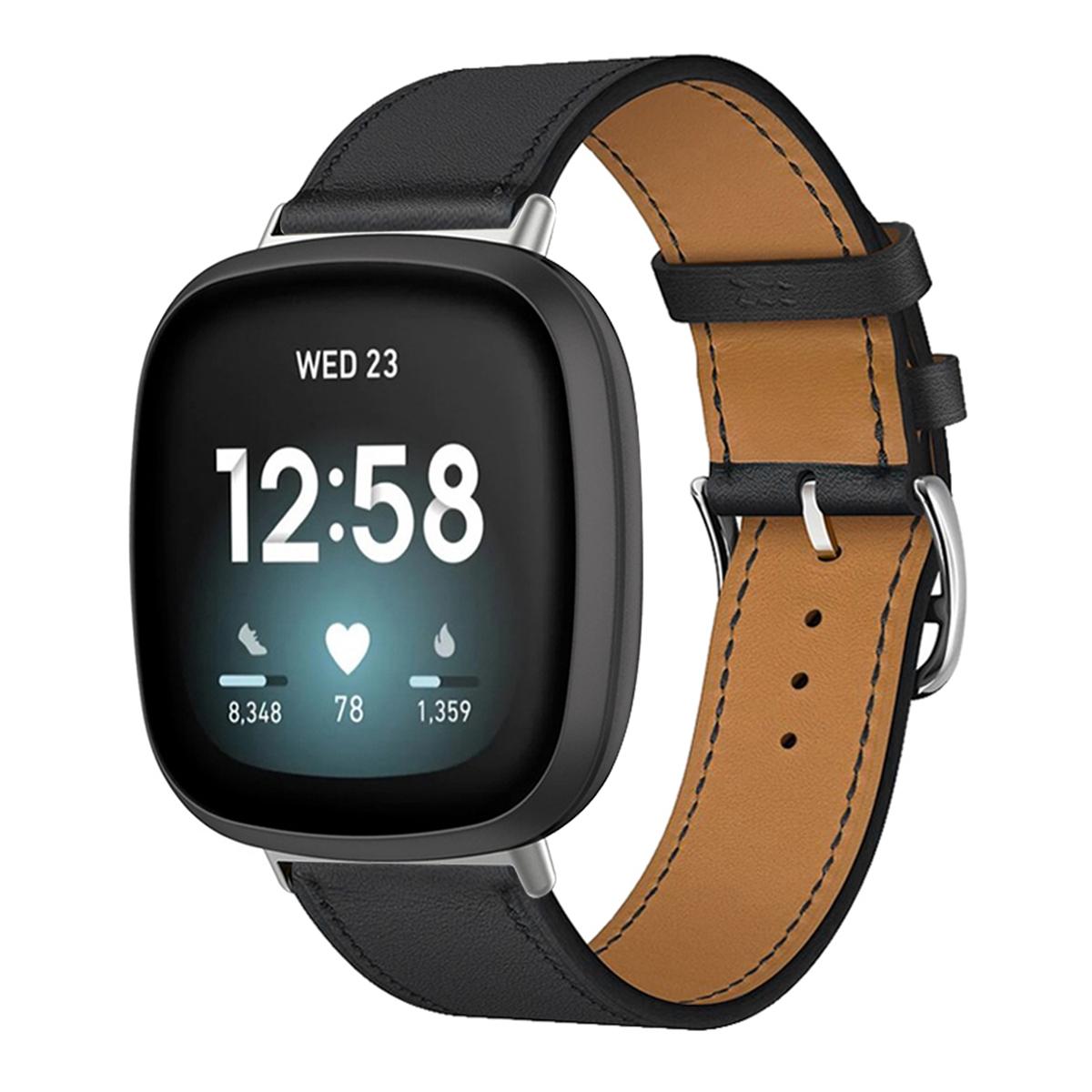 Echtes Lederarmband für Fitbit Versa 4 3 Versa Lite Armband Smartwatch Armband für Fitbit Sense 2/1/Versa 2 1 Correa Uhrenarmband Dornschließe For Fibit Lite schwarz