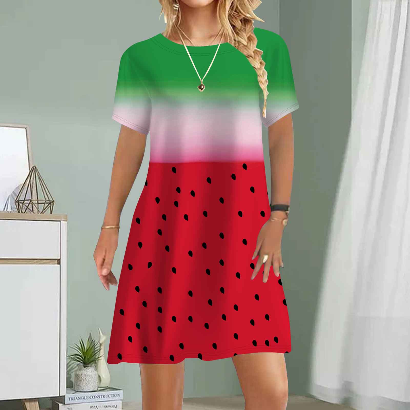 Damen Freizeitkleid Sommer Wassermelonen-Print Kleider für Damen O-Ausschnitt Kurzarmkleid Übergröße XL rot