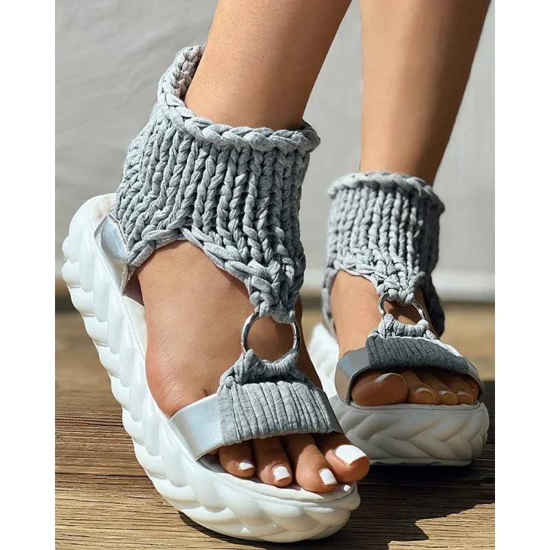 Sandalen Damen Sommer Damenmode Sexy Strandbekleidung Flache Schuhe Einfarbig Geflochten Strick O-Ring Ausschnitt Plateausandalen 40 grau