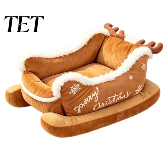 Kratzfester Hundesofa Weihnachts Schlittenbett mit rutschfester Basis, Plüsch Beruhigendes Haustier Waschbare Abnehmbare Basis Hundehütte für Innen Außen, Spaß S kamelfarben