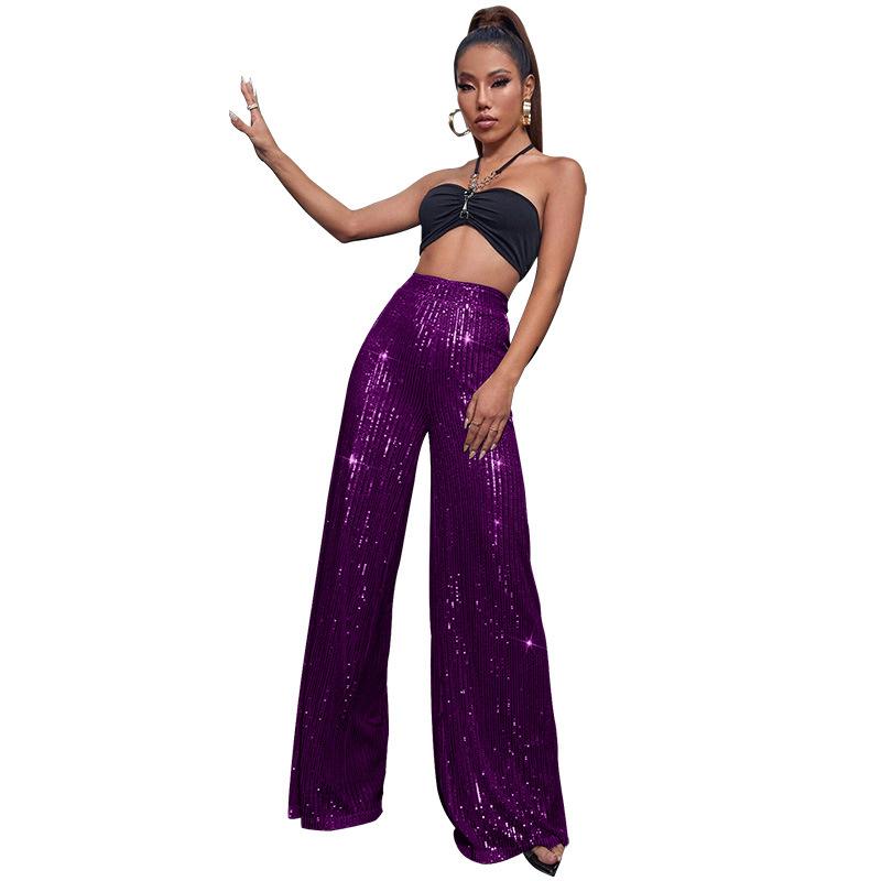 GMXIA Damen High-Waist Mode Casual Hose Pailletten Locker Baggy Weitbein Hose Sommer Damen M violett