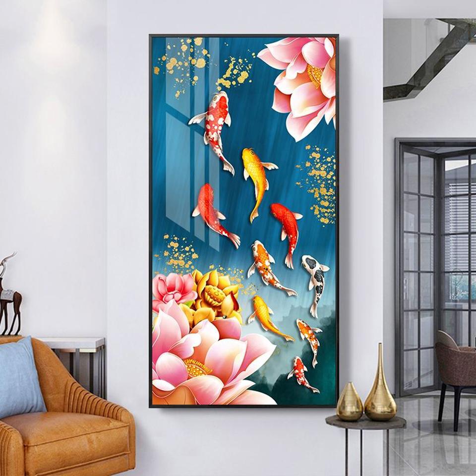 Diy Diamant Malerei Bunte Fische Und Lotus Bilder Kreuz Stich Volle Runde Quadrat Mosaik 5D Strass Stickerei A238 Full Round 40x80CM