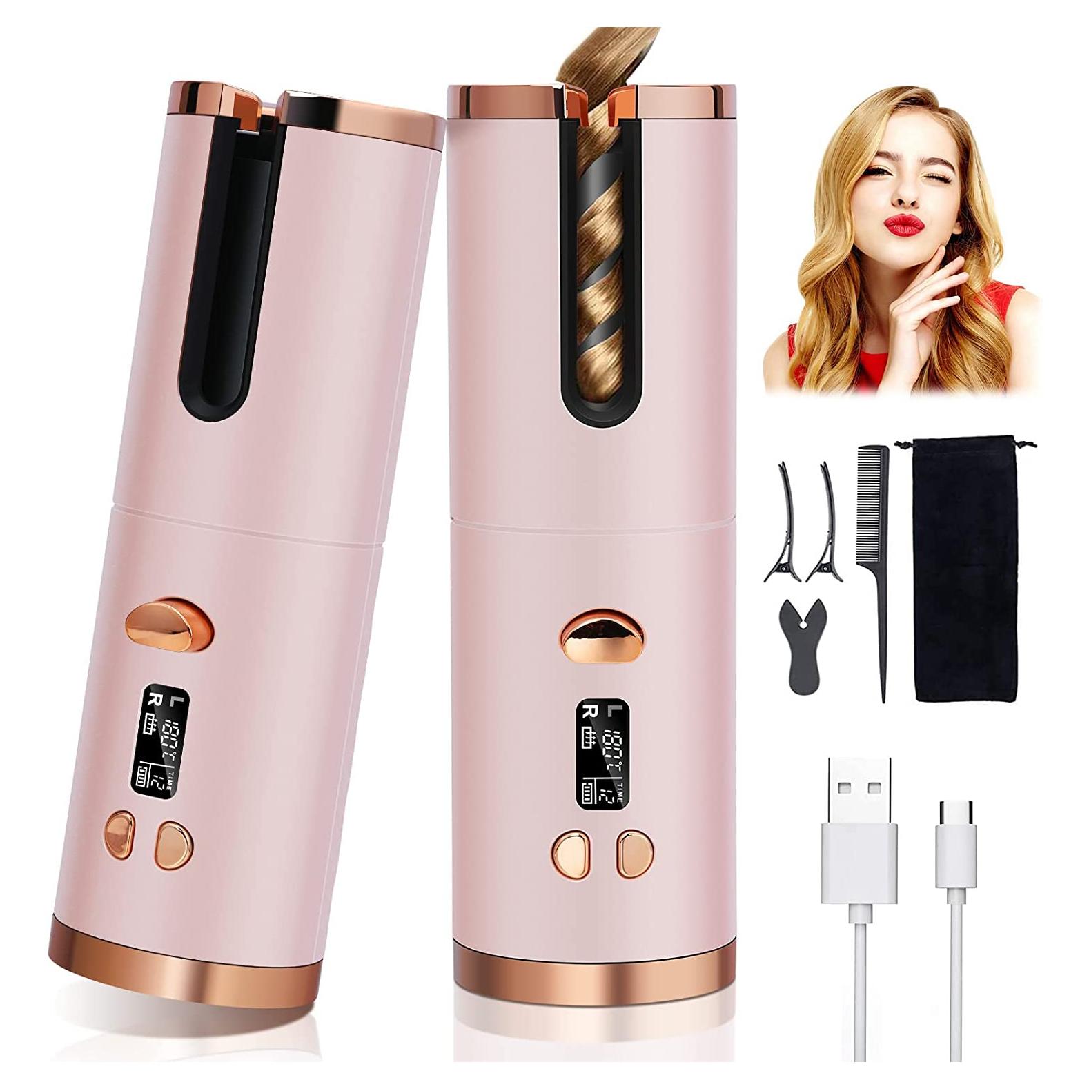 Drahtloser automatischer Lockenwickler, kabelloser Lockenstab, USB wiederaufladbar, LCD-Display, Keramik, lockiger Lockenstab, Styling-Werkzeuge rosa