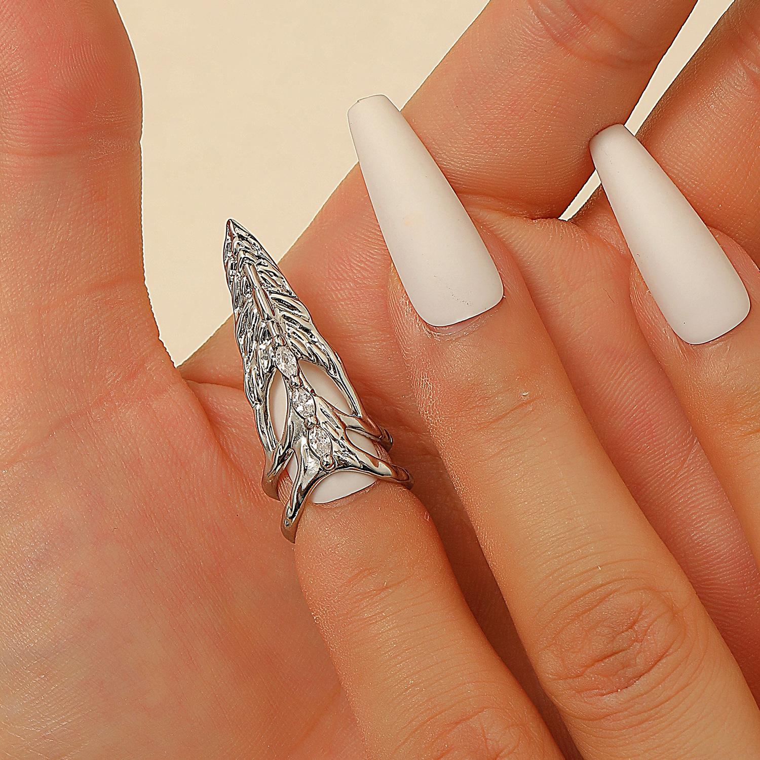 Gotischer Punk Inlay Zirkon Geometrie Fingernagel Öffnungsring für Frauen Persönlichkeit Edelstahl Nagelabdeckungen Gelenkring Schmuck resizable brown