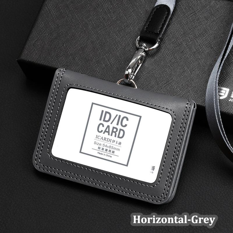 Hochwertiger Ausweishalter aus echtem Leder für formelle Arbeitsausweise und Namensschilder mit Umhängeband Horizontal grau