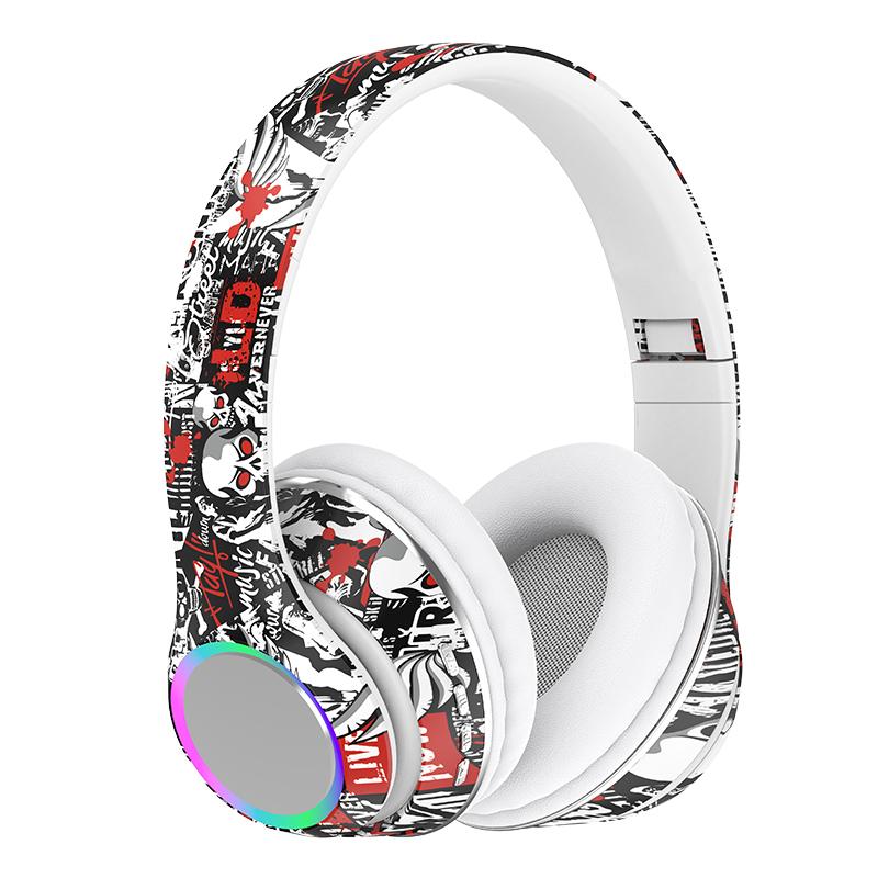 Neue bunte Graffiti-Kopfhörer LED Wireless Bluetooth Headsets Hifi Stereo Faltbare Gamer Kopfhörer Rauschunterdrückung Freisprecheinrichtung weiß
