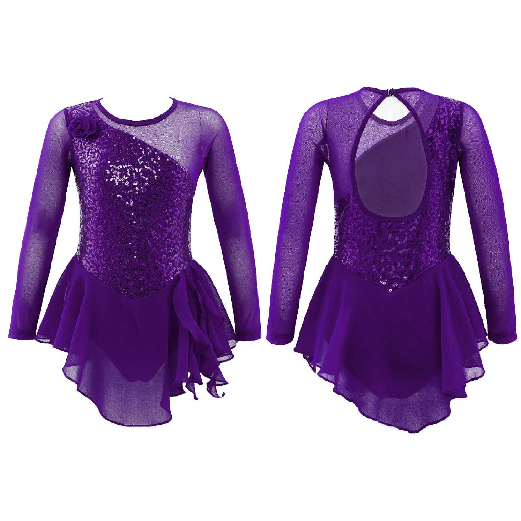 Kinder Mädchen Langarm Pailletten Ausschnitt Rücken Figur Eislaufen Kleid Ballett Tanz Gymnastik Trikot Kleid 5-6 Years violett