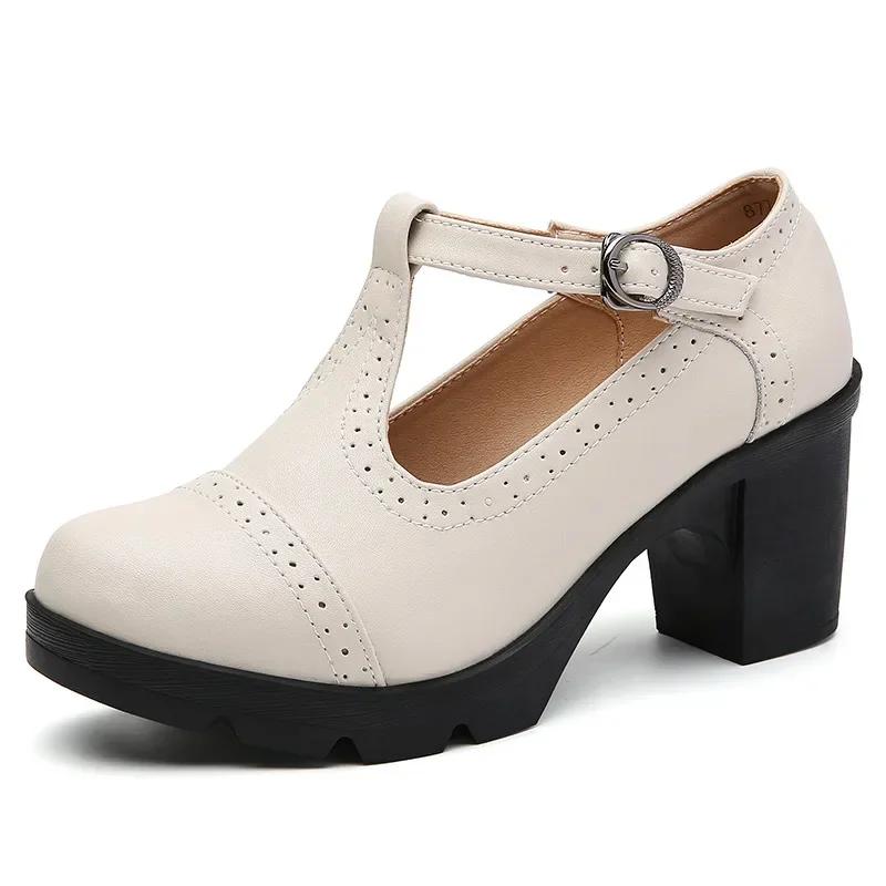 Mode Mode Britischer Stil Runde Zehen Mary Jane Schuhe Leder Ausgeschnitten Quadratische Absätze Plateau Retro Damen Tanzschuhe 41 beige