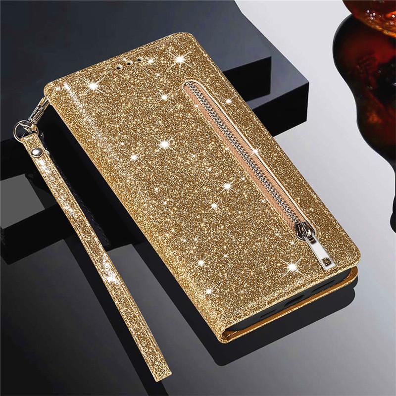 Glitzer Leder Hülle für Samsung Galaxy S26 S25 S24 Ultra S23 FE S22 S21 S20 S10 Plus Reißverschluss Flip Wallet Handyhülle Galaxy S24 Plus gold