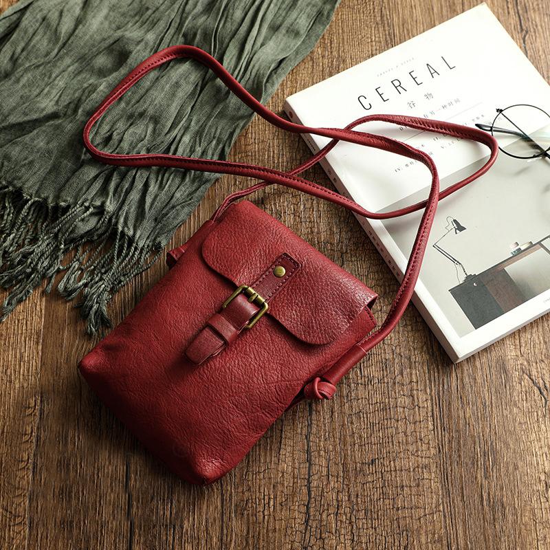 Johnature Simple Echtes Leder Frauen Tasche Retro Solid Color Natürliche Rindsleder Mini Telefontasche Freizeit Kleine Umhängetaschen bordeaux