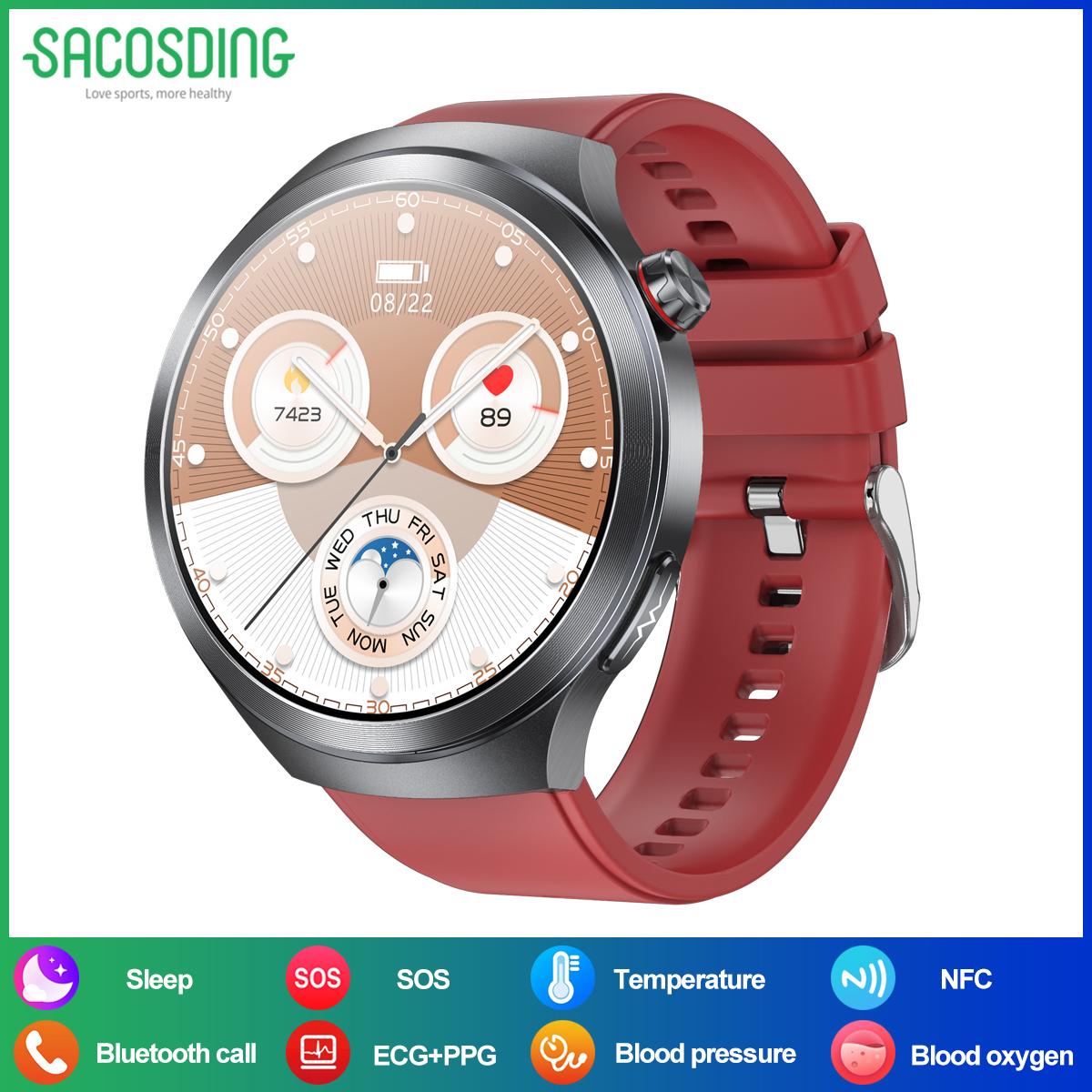 SACOSDING Neue EKG+PPG Smartwatch Herren 466*466 AMOLED Bildschirm Herzfrequenz Blutdrucküberwachung Bluetooth Anruf NFC Gesundheits-Smartwatch 2025 rot