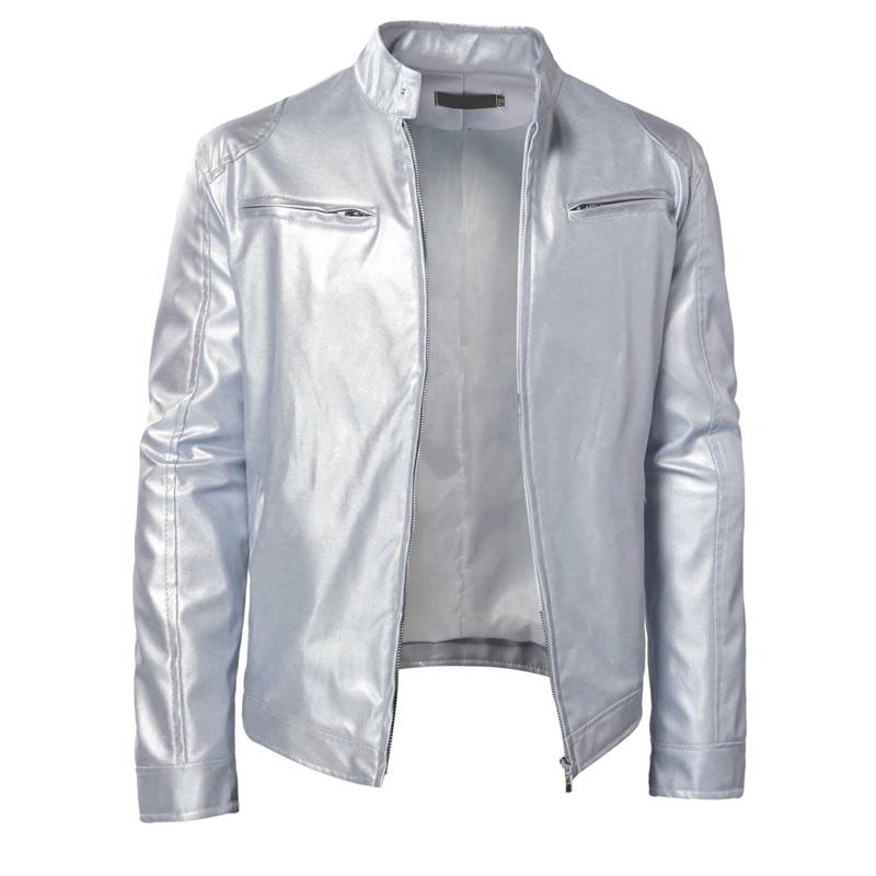 Herren Lederjacke Herren Jugend Stehkragen Punk Herren Biker Lederjacke mit Logo M silber
