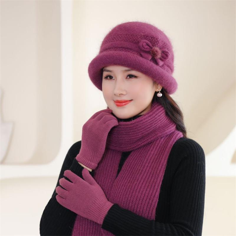 Mütze + Schal + Handschuhe aus dickem Kaninchenhaar-Strickgarn (dreiteiliges Set) Frauen Becken Schal, Hut & Handschuh Sets Mittleren alters Ältere Großmutter one size