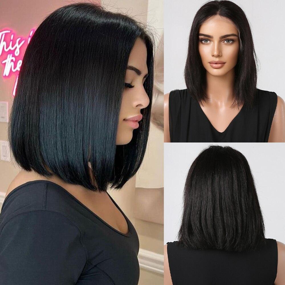 HAIRCUBE Echthaar-Perücke, 13 x 1, Spitze vorne, Schulterlang, Bob, gerade, Highlight-Perücken für Frauen, Ombre-Braun, Remy-Haar, hitzebeständig