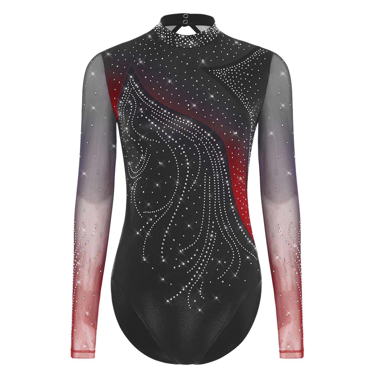 Damen Figur Skating Leotard Strass Langarm Stromlinienförmig Spleiß Ausgeschnitten Bodysuit Ballett Gymnastik Bekleidung L rot