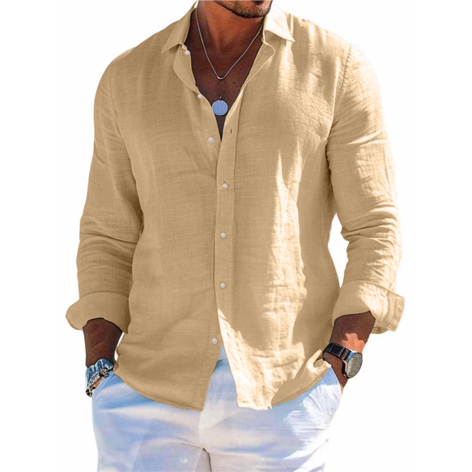 Herren Langarm Leinenhemd Kentkragen Hemd Business Casual Hemd Businesshemd Regular Fit Hemd XXL khaki