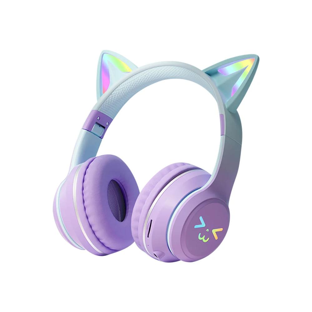 Gradient Drahtlose Kopfhörer RGB Nette Katze Ohr Bluetooth Kopfhörer mit Mikrofon Stereo Musik Spiel Kopfhörer Mädchen Kinder Geschenke violett