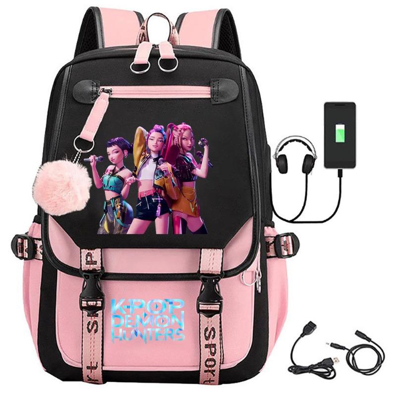 KPOP Hexe Jagd Film Merchandise bedruckter Rucksack Rucksack Rucksack für Studenten auf dem Campus mit Pelzkugel Rucksack KTB gray