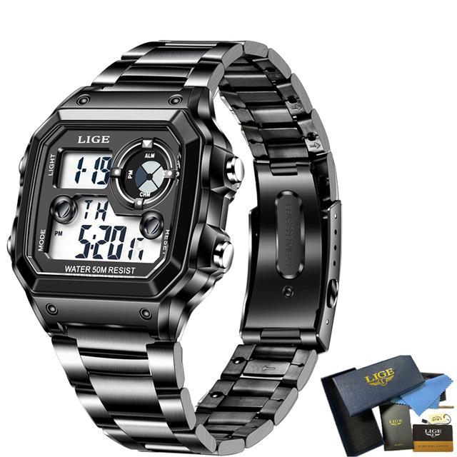 LIGE Herren-Digitaluhr für Herren, multifunktional, leuchtend, wasserdicht, Sport-Quarz-Armbanduhr, LED, Dual-Display, quadratisches Zifferblatt, elektronische Uhren schwarz