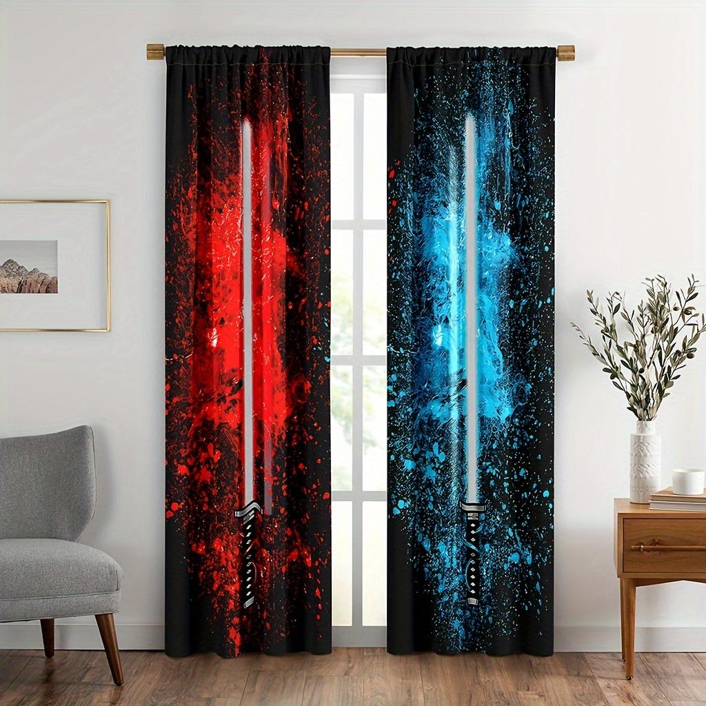 2 Stück Rot Blau Lichtschwert Vorhänge für Jungen Mädchen Cooles Gamer Zimmer Dekor Batik Stabtaschenvorhänge Fenster für Schlafzimmer. 210x230cm