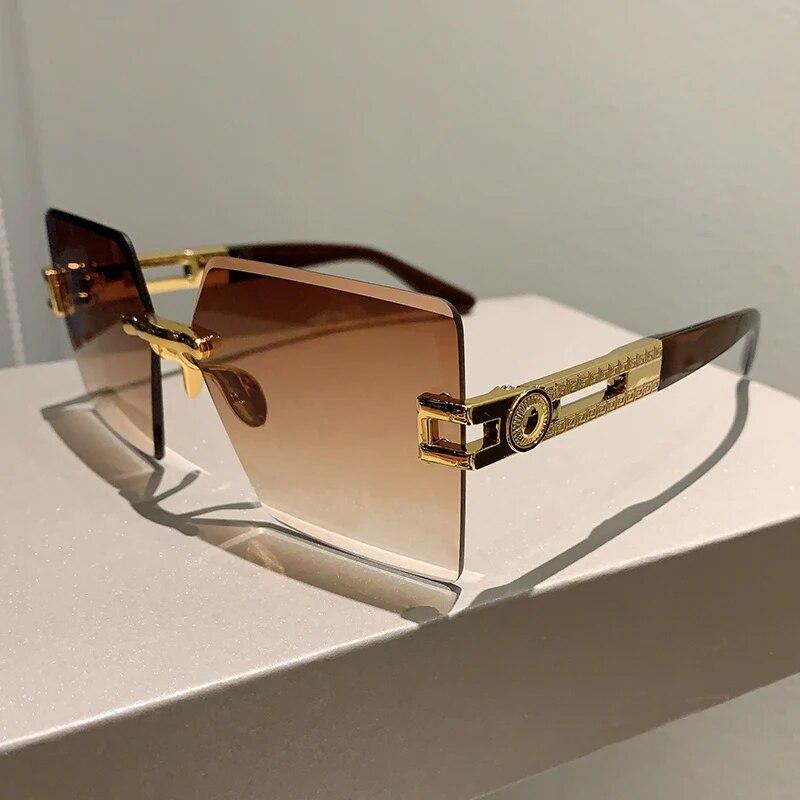 Randlose quadratische Sonnenbrille für Damen, stilvolle Vintage-Sonnenbrille mit übergroßem Farbverlauf, neue Ins, trendige Markendesign-Sonnenbrillen brown-gradient tea