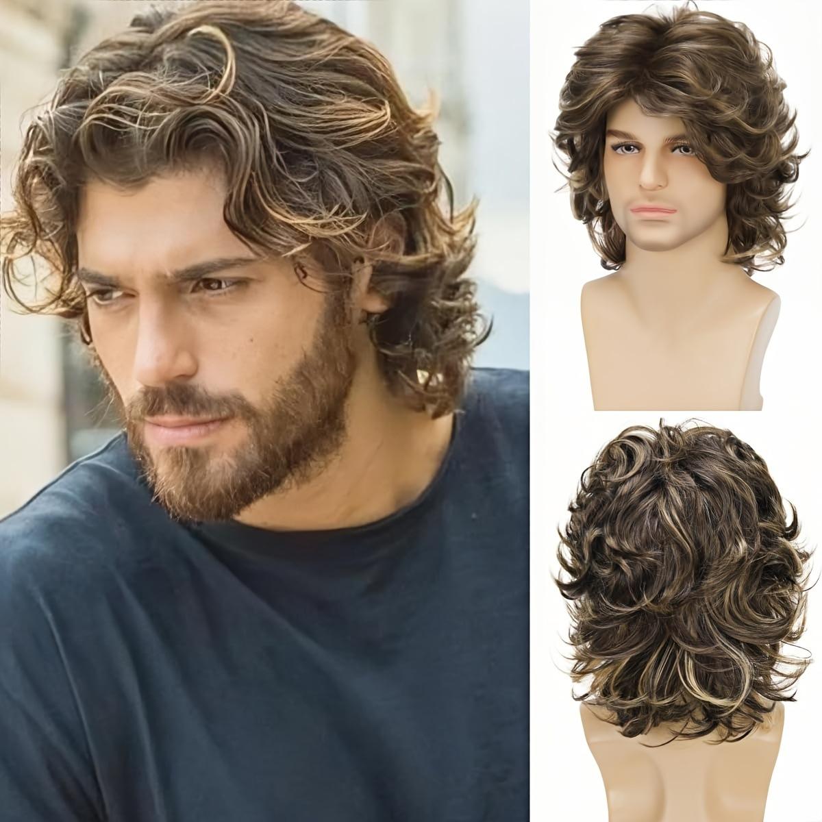 Europäischer und Amerikanischer Stil Herrenmode Lange Lockige Synthetik-Perücke Natürlicher Look Flauschige Voll-Perücke braun